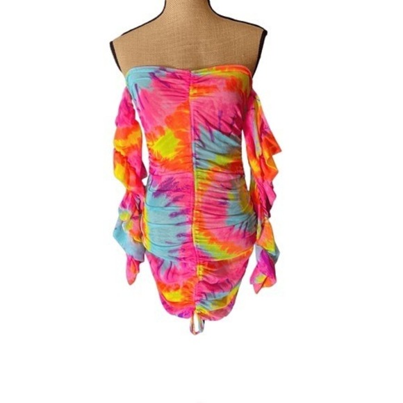Bodycon Tie Dye Off Shoulder Mini Dress Size L Rainbow Mardi Gras - Picture 7 of 16